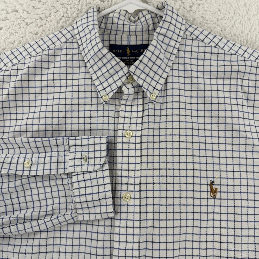 Ralph Lauren Shirt Mens 2XL Check Slim Fit Stretch Oxford Button Down Pony Logo